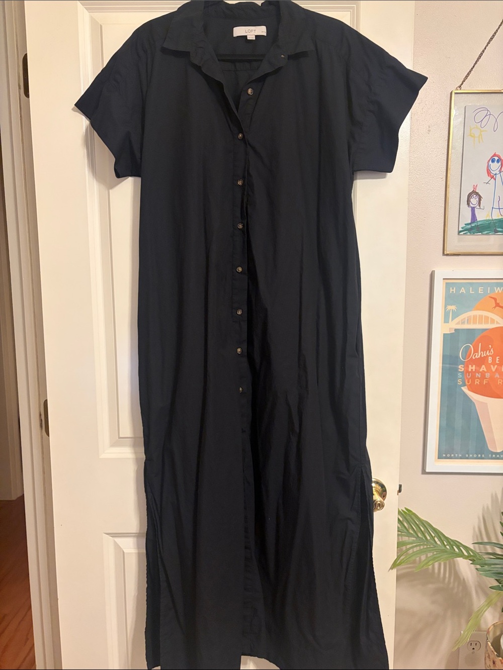 LOFT Dark Navy Button-Front Maxi Shirt Dress